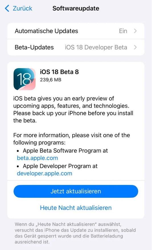 安龙苹果手机维修分享苹果 iOS / iPadOS 18 开发者预览版 Beta 8 发布 